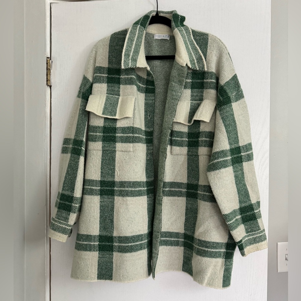 Primark Green and Cream Plaid Utility Jacket